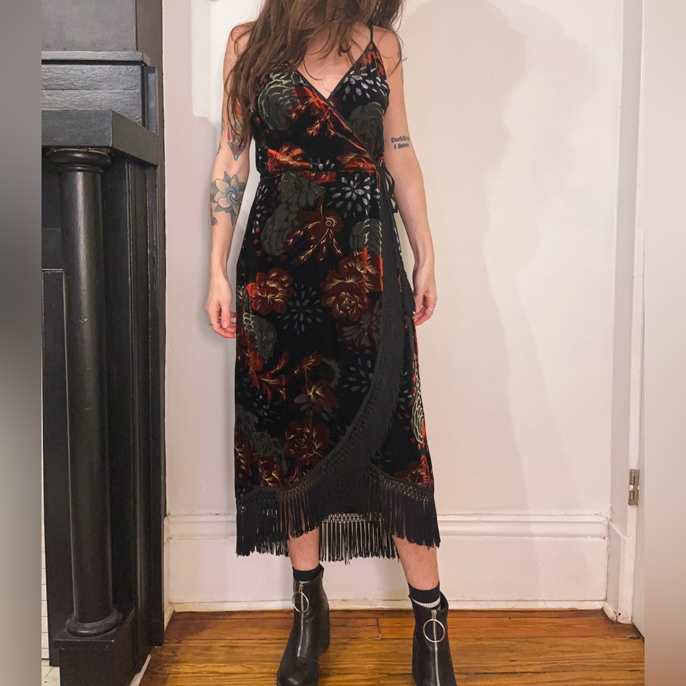 Band of Gypsies Fringe Velvet Floral Midi Wrap Dress